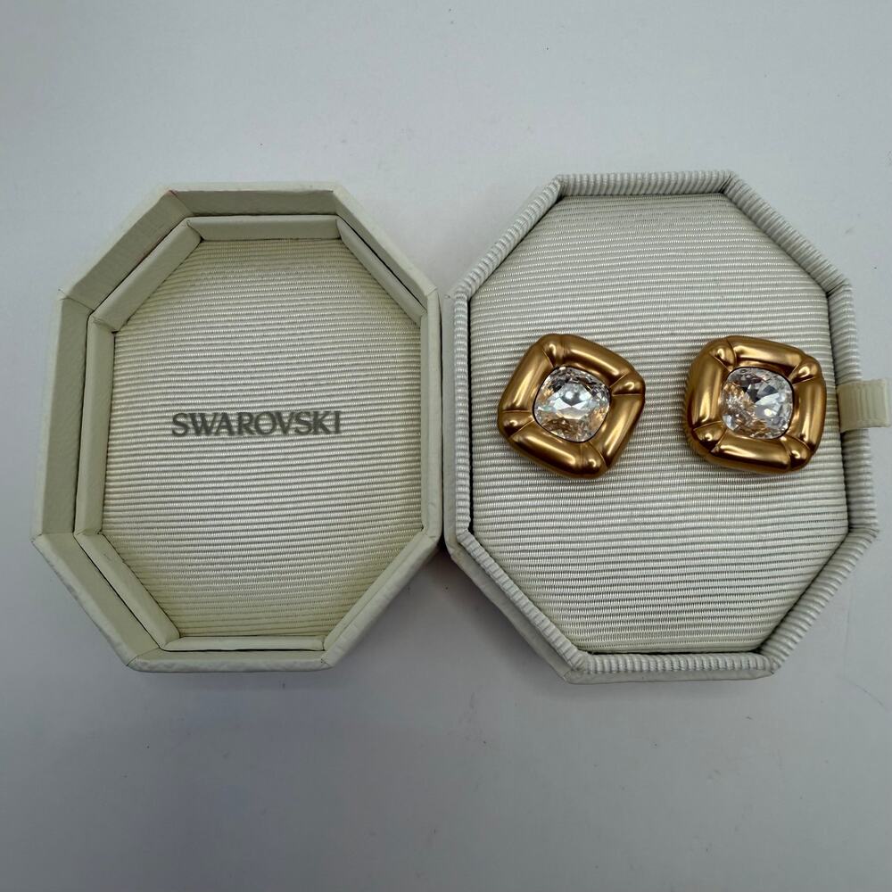 Swarovski Dulcis Gold Puffy Cushion Crystal Square Statement Stud Earrings Box